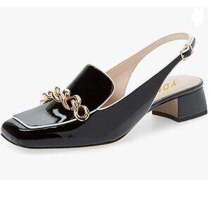 YDN Black Square Toe Block Low Heels Slingback Formal Dressy Shoes Lady Pumps